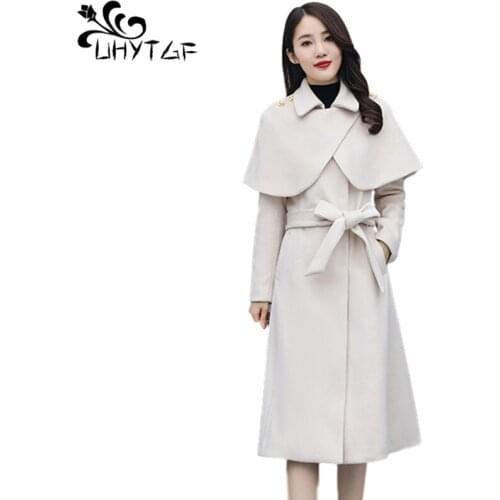UHYTGF Woolen Long Coat Women Spring Autumn Clothes Cloak Wool Coat Female With Belt Trench Coats Outerwear Manteau Femme 897