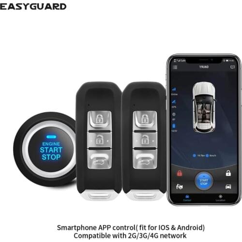 EASYGUARD smartphone app 4G 3G 2G keyless entry system engine start stop remote engine start GPS GSM car security system DC12V