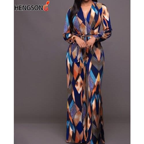 Vintage Digital Print Boho Jumpsuit Romper V Neck Long Sleeve Casual Jumpsuit Long Sash Autumn Jumpsuit Women Overalls