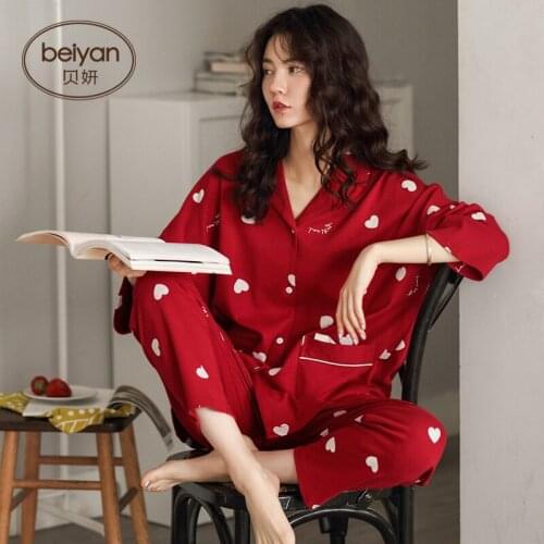 Spring and Autumn Pure Cotton Ladys Sleepwear, Sexy Card, Womens Two Suits for Marriage and Celebration Red Housewear