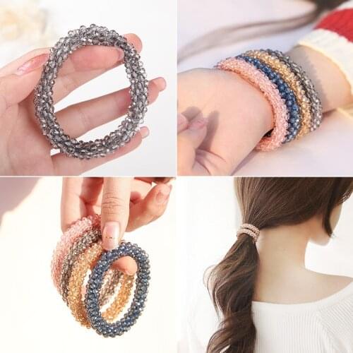 Women Solid Color Temperament Beads Elastic Hair Bands Bling Silver Beads Scrunchies Fashion Hair Accessories