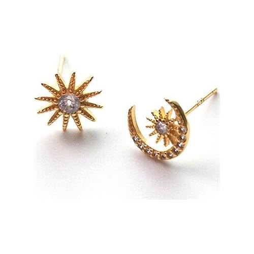 Fashion Korean 925 Sterling Silver Stud Earrings Gold Color Asymmetry Blind Star Moon Rhinestone Women Earring Ear Stud Jewelry