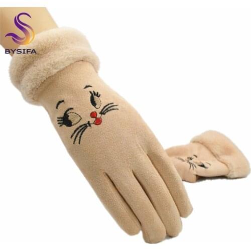 [BYSIFA] Women Khaki Suede Gloves Fashion New Cute Cartoon Cat Design Embroidery Gloves Plus Velvet Warm Ladies Mitten Gloves
