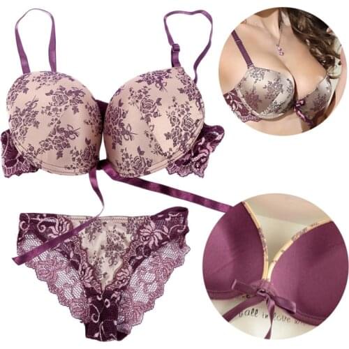 Women Sexy Bra Set Embroidery Floral Lingerie Set Lace Bralette Padded Bra Push Up Seamless Underwire Bra and Panty Set