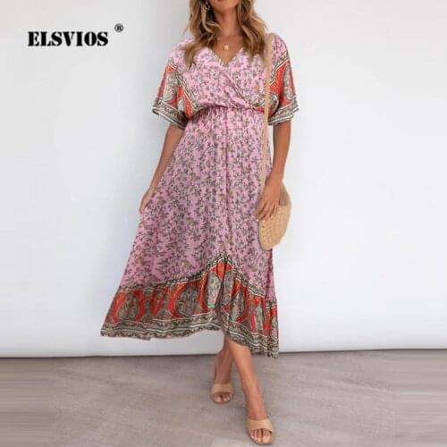 V-Neck Short-Sleeve Bohemian Floral Print Dress Summer Elegant Women Elastic High Waist Casual Asymmetrical Long Outfits Dresses