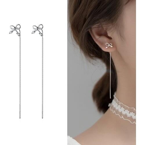100% Real 925 Sterling Silver Bowknot Threader Earrings Long Chain Pull Through Drop Earrings for Women Girls Fine Jewelry