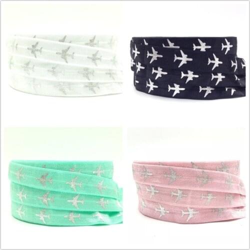 5Yards 16mm Silver Plane Print Fold over elastic bands DIY Headband Hair ties decoration Accessories