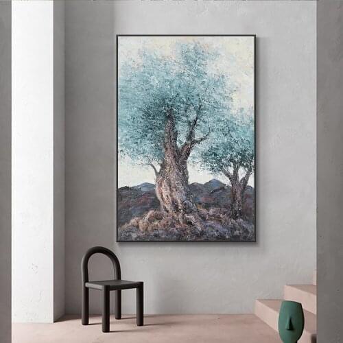 Abstract Blue Tree With Brown Trunk Oil Painting 100% Hand Painted On Canvas Modern Plant Wall Art For Living Room Home Decor