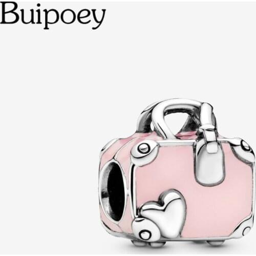 Buipoey 2Pcs/lot Pink Travel Bag Charms School Bag Beads Fit Brands Necklace Bracelets For Women Men DIY Jewelry Making Gift
