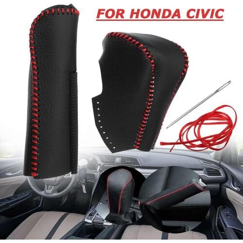PU Leather Gear Shift Knob HandBrake Grip Cover Red/Black Stitch for Honda/Civic 8th Generation 2006 2007 2008 2009 2010