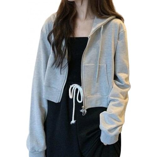 Ele-choices Fashion Women Autumn Solid Color Long Sleeve Zipper Pocket Coat Short Hoodie Crop Top