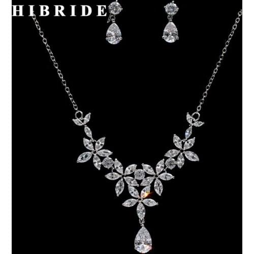 HIBRIDE 2017 Hot Dubai Jewelry Sets Clear Cubic Zirconia Water Drop Necklace Earrings Setting For Women Bridal N-234