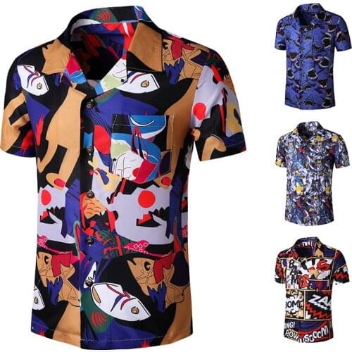 Mens Printed Short Sleeve Shirt Turn Down Collar Loose Beach Hawaiian Style Cardigan Shirt Casual Single-Breasted Tops