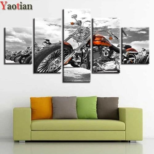 5 Panels diy diamond painting kit Motorcycle Black And White Art Diamond Embroidery Wall Pictures for Living Room Decor