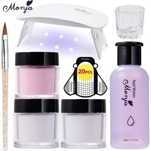 Monja 8 Pcs/Set Nail Art Kit Clear White Pink Acrylic Powder Liquid Nail Extension Build Painting Nail Dryer DIY Manicure Tools