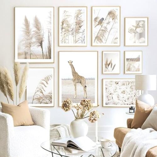 Beige Reed Bird Giraffe Flower Wheat Autumn Wall Art Canvas Painting Nordic Posters And Prints Wall Pictures Living Room Decor