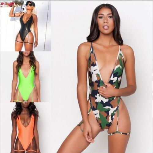 Halter neon bikini deep v-neck bathing suit women monokini String sexy swimsuit one piece bodysuits High cut swimwear women 2019