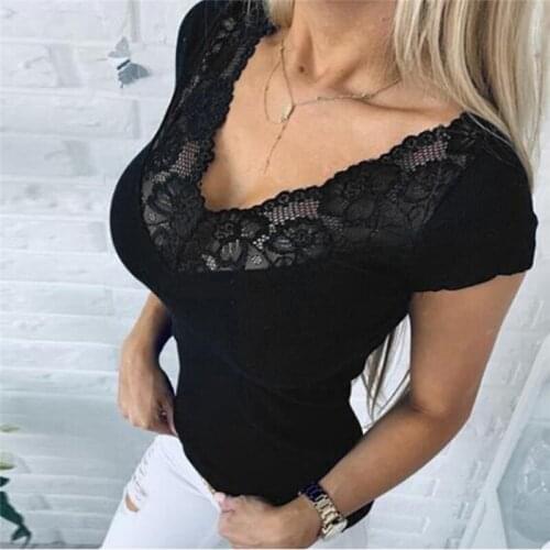 2021 Brand New Sexy Womens Short sleeve Loose Lace Patchwork Casual Shirt Summer Tops T-Shirt Fashion Women Clothes
