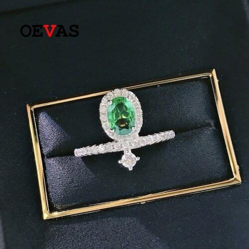OEVAS Oval Synthetic emerald 18K Gold Plated Wedding Rings For Women Sparkling Engagement Party Fine Jewelry Anniversary Gift