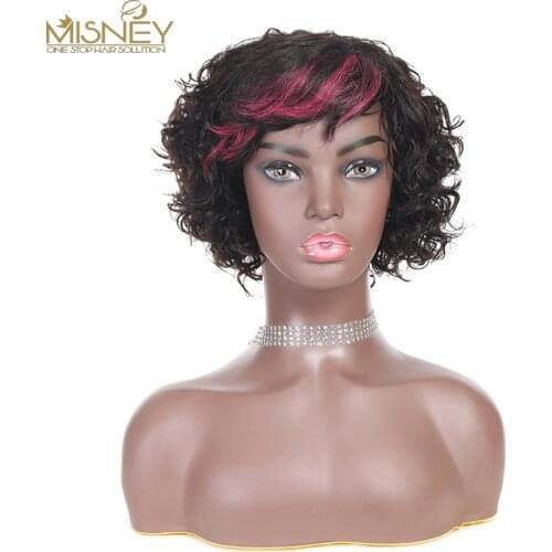 MISNEY Natural Wave Human Hair Wig With Bangs Short Bob Curly Wigs Black Pink Color For Women Brazilian Remy Hair Wig