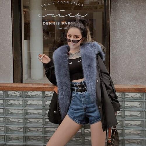 RosEvans Real Fur Square Collar Parka Coat Winter Womens Mid-Length Down Feather Liner Fur Jacket Raccoon Fur Collar Harajuku