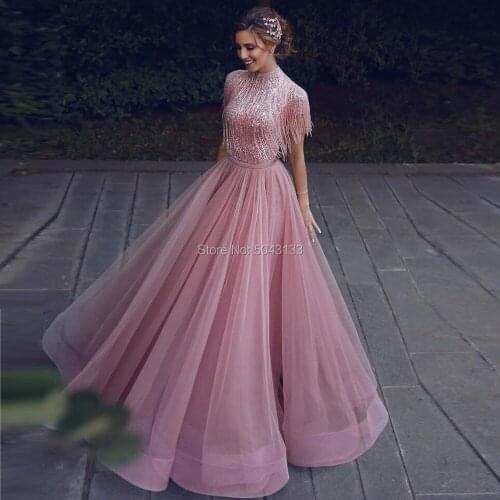 Luxury Beading Tassel Long Arabic Prom Dresses Formal 2020 Bling Sequin High Neck Tulle Prom Evening Gown For Womens Party Dress