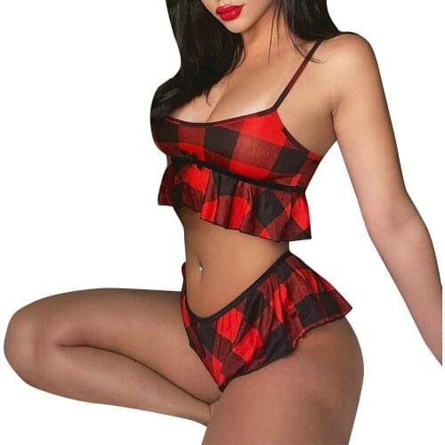 Sexy Low-cut Pajamas for Women Plaid Print Pijamas Girls Sleepwear Casual Suit Summer Pyjama Femme Loungewear Women 2021