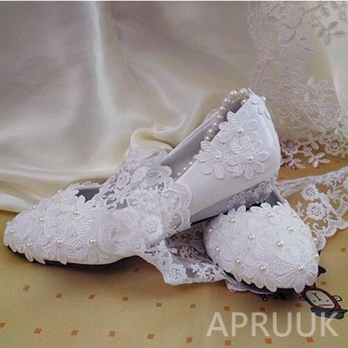 3CM wedged heel white lace pearls wedding shoes bride ankle beading elastic beads band straps handmade fairy bridal shoes