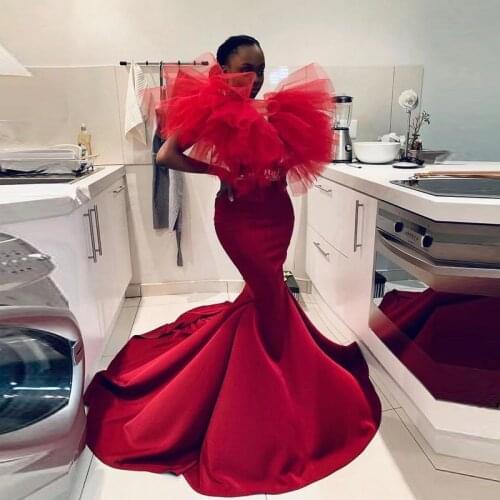 Dark Red Mermaid Prom Dresses Two Pieces Tulle Top Satin Skirts Beads Sexy Black Girls Party Dress Cheap African Evening Gowns