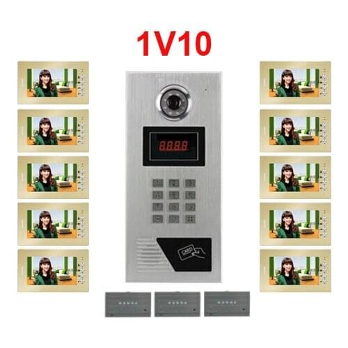 Top Quality Building Video Intercom System 7" LCD Video Door Phone FRID Panel CCD Outdoor Camera 10-Apartments Video Doorbell