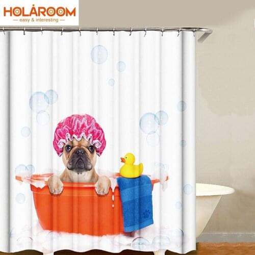Bulldog Shower Curtains Cute Cat Puppy Bath Curtain Printed Fabric Polyester Cloth Bathroom Screen With Hooks Home Decoration