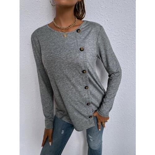 Tumblr Cotton Regular Solid New Arrival Round Neck Long Sleeve Single Breasted Casual Home Loose T-Shirt Tees Women