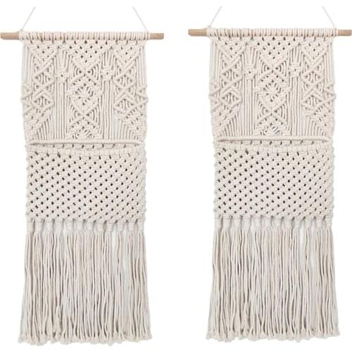 2Pcs Macrame Magazine Holder,Key Organizer Cotton Woven Hanging Flowers Storage Boho Wall Decor,15.7x29.5Inch