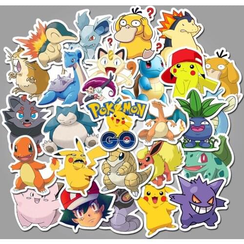 50pcs Pokemon Figures Stickers Pikachu Cartoon Waterproof Laptop Suitcase Cartoon Anime Stickers Gengar Psyduck Charmander Toys