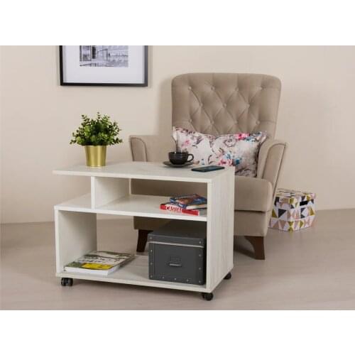 White Coffee Table Compact Furniture and Wheels with Storage Shelves of Different Heights Movable Side Table for Living Room