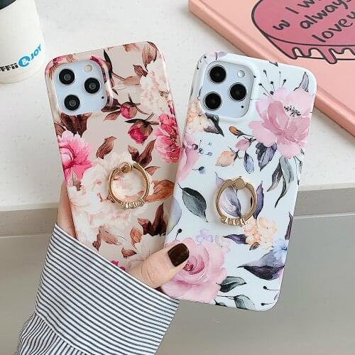 Phone Case For iPhone 11 12 Pro Max 12 Mini XS Max X XR 8 7 Plus SE 2020 Silicone Retro Flower Ring Holder Soft IMD Back Cover