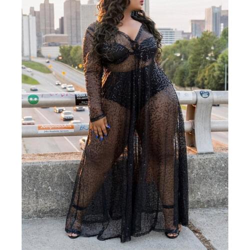 Black Sexy See-through Mesh Sequin Long Dress Women Elegant Transparent Loose Club Party Summer Robe Plus Size Casual Vestido