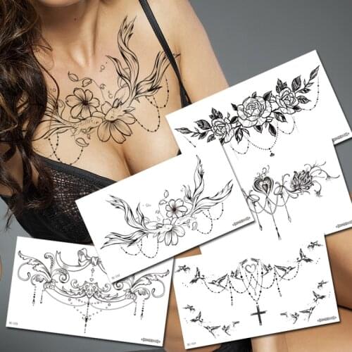 Flower lace jewelry temporary tattoo sticker women underboob breast tattoo mandala fake henna black tatoo big waterproof body