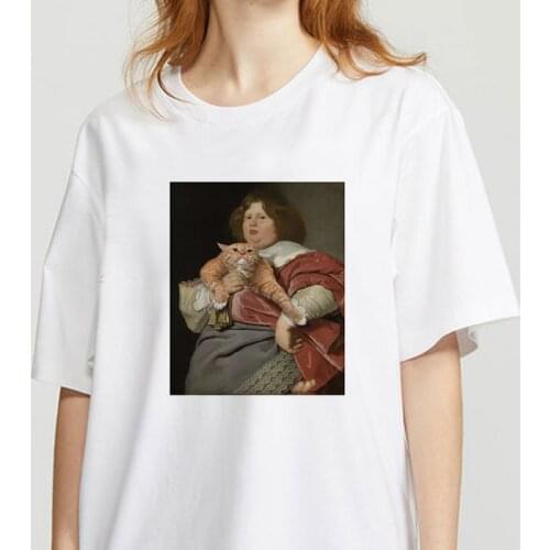 Cute Cat Graphic T Shirt Women Ullzang Cute Aesthetic Pink T-shirt Women Casual White Tops Casual T Shirt