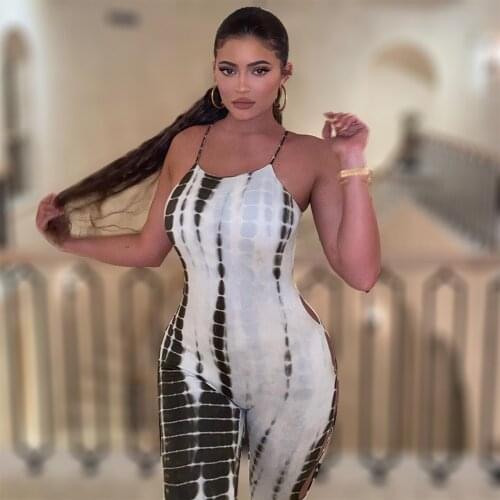 Kylie Jenner Black And White Tie Dye Body Jumpsuit Summer 2021 Low Cutout Back Printed Catsuit
