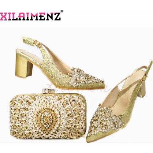 Classics Style Nigerian Women Shoes and Bag in Golden Color African New Design Decorete with Rhinestone Shoes and Bag to Match