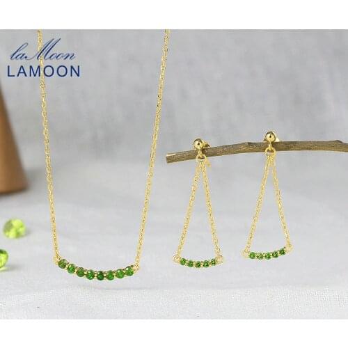 LAMOON Vingate 925 Silver Jewelry Set For Women Natural Mini Diopside Gemstone 14K Gold Plated Fine Jewelry Korean Gift V078