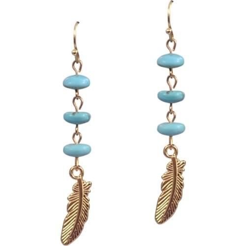 Fashion Jewelry Natural Stone Beaded Drop Earring Gold Feather Leaf Shape Pendant Earrings for Women