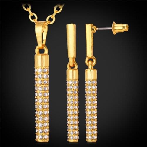 Kpop Crystal Set Earrings For Women Pendant Necklace Cylinder-Pattern Trendy Rhinestone Gold/Silver Color PE202