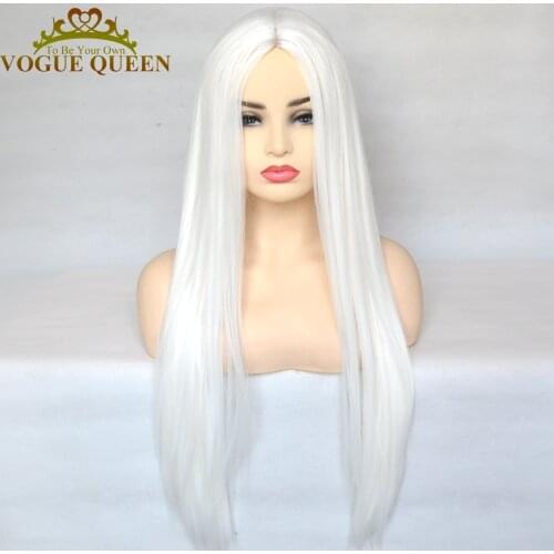 Vogue Queen Platinum White Synthetic Silky Straight Hair Full Machine Made Wig Heat Resistant Fiber Cosplay Wig For Women