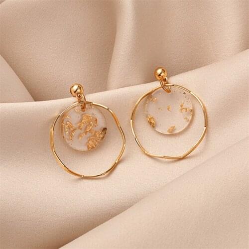 Goldleaf Stud Earrings Vintage Geometric Transparent Round Resin Metal Corrugated Circle Elegant Earrings for Women Gift Trendy
