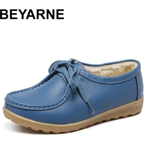 BEYARNE Winter genuine leather thick plush warm women lace-up shoes platform moccasin comfortable white soft non-slip sole nurse