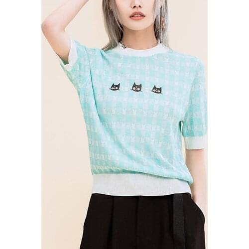 Three Cat Heads Contrast Arrow Plaid Sweater Shirt Women Knit T Shirt 2021 Fashion Summer Tops Tee O Neck Short Sleeve Tshirt