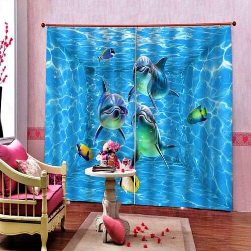 Modern Window Curtain Custom Blue Water Pattern Ocean Dolphin Curtain For Living room Blackout Childrens room beautiful Curtain