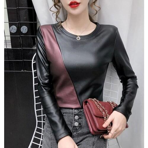 2021 Autumn Winter Stitching O-Neck Women T-Shirt Fashion Long Sleeve Stretch Velvet PU Leather Tops Plus Size Bottoming shirt